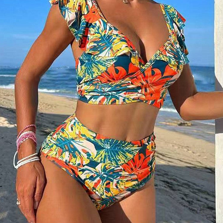 Damen Cropped Bikini-Set mit verspieltem Rüschendesign und elegantem Bindeträgersystem EB