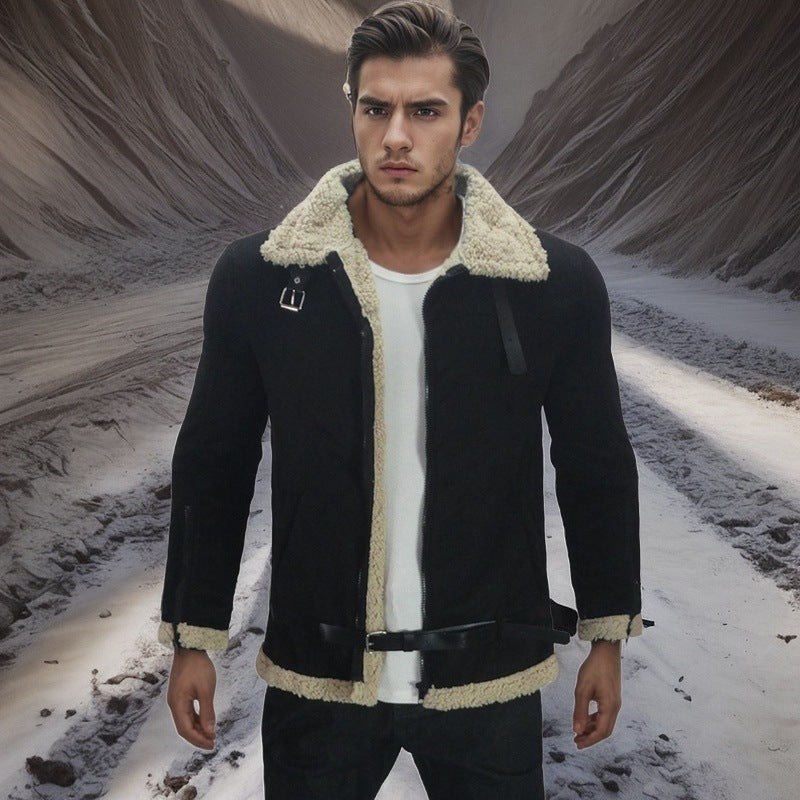 Herren Lammfelljacke mit modernem Schnitt und abnehmbarer Kapuze EB