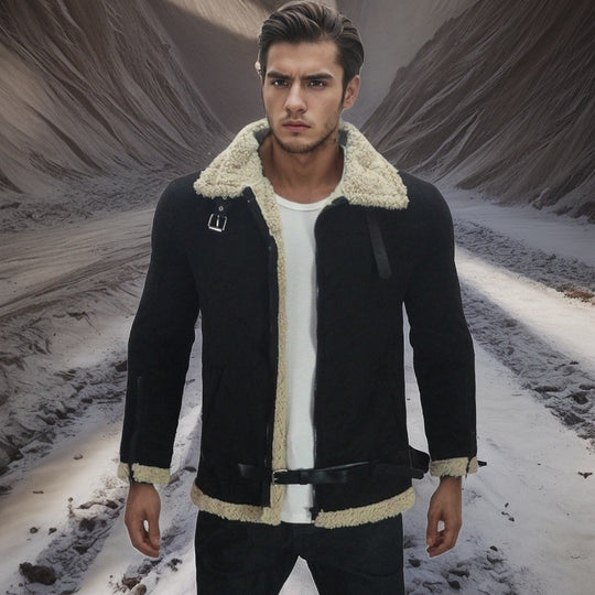 Herren Lammfelljacke mit modernem Schnitt und abnehmbarer Kapuze EB