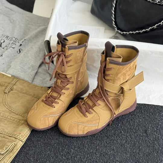 Damen Hohe Schnürstiefel mit modischer Schnallenverzierung und robustem Obermaterial EB