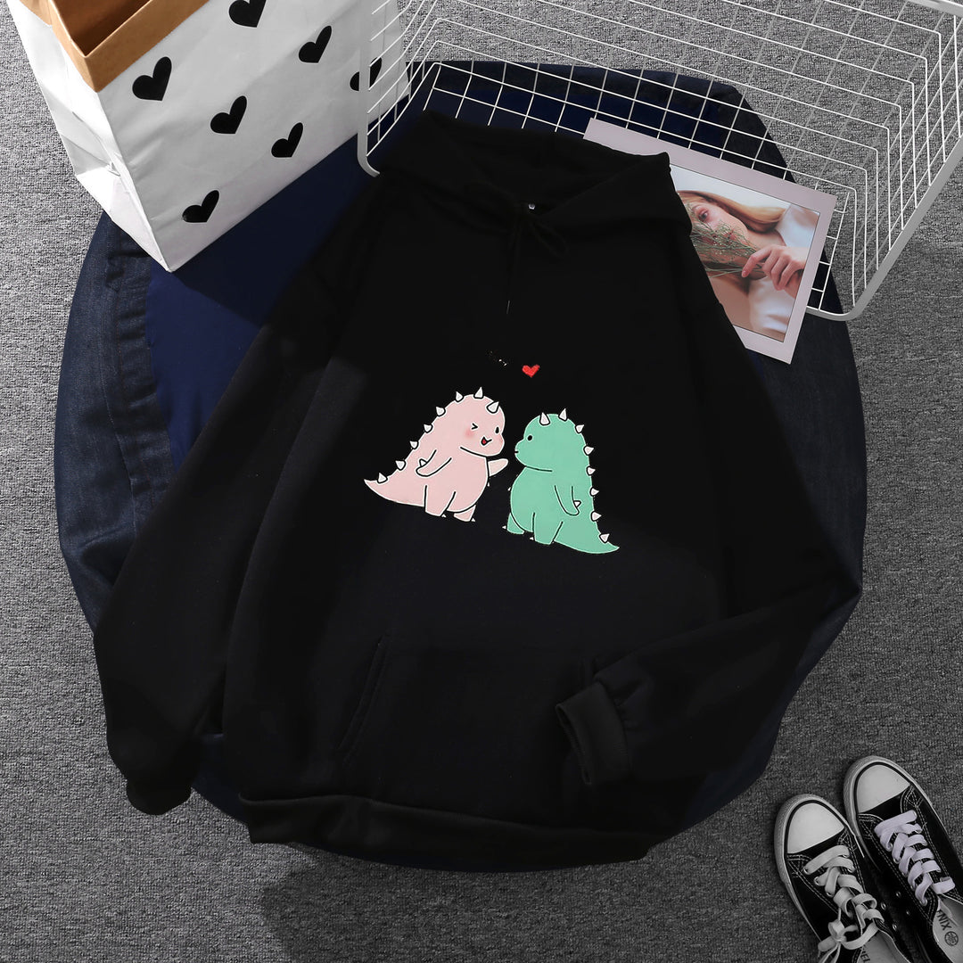 Damen nan Kapuzenpullover mit niedlicher Dinosaurierpärchen‑Illustration, Oversize‑Schnitt und Kängurutasche EB