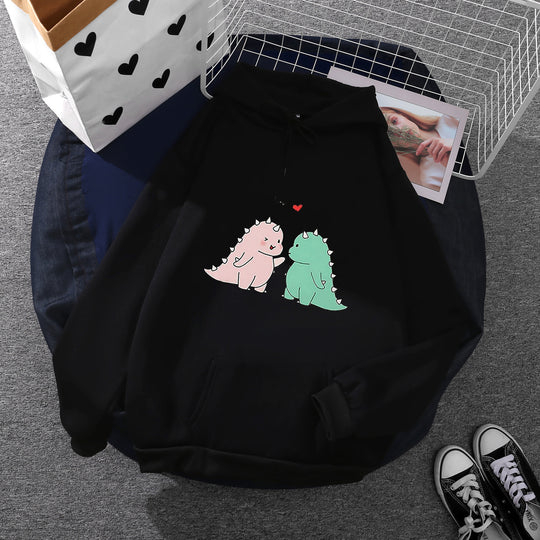 Damen nan Kapuzenpullover mit niedlicher Dinosaurierpärchen‑Illustration, Oversize‑Schnitt und Kängurutasche EB