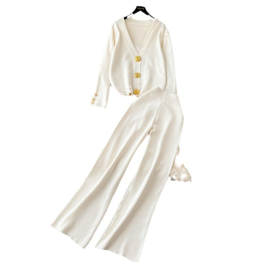 Damen elegantes Strick-Loungewear-Set mit dekorativen Knöpfen und weitem Bein EB