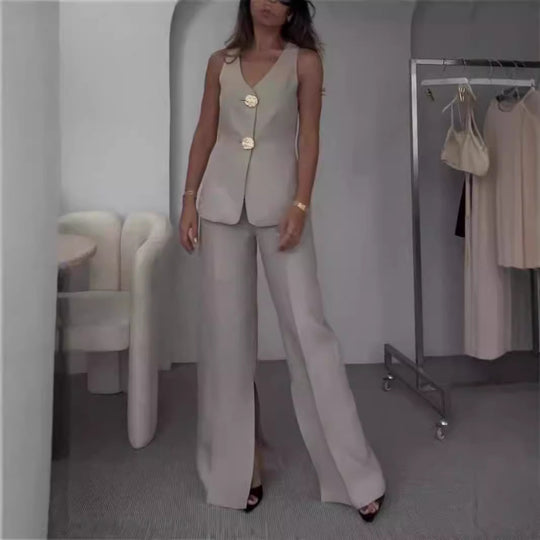 Damen Elegantes Zweiteiliges Set mit V-Ausschnitt und dekorativen Knöpfen EB