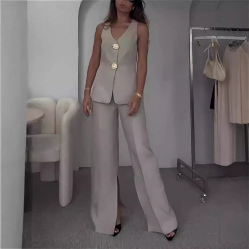 Damen Elegantes Zweiteiliges Set mit V-Ausschnitt und dekorativen Knöpfen EB