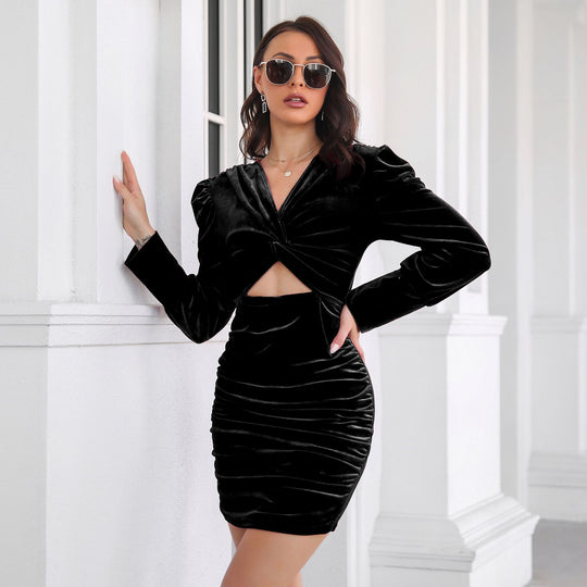 Damen figurbetontes Wickelkleid mit Puffärmeln und raffiniertem Ausschnitt EB