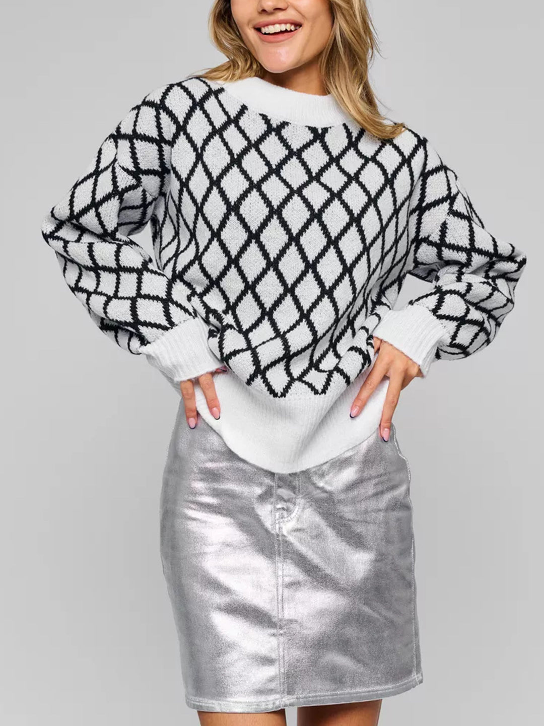 Damen lässiger Pullover mit modernem Rautenmuster und lässigem Schnitt EB