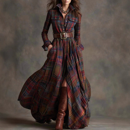 Damen nan karierte Maxikleid Hemdblusenkleid mit ausgestelltem Rock und breitem Taillengürtel EB