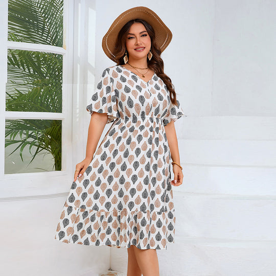 Damen Midi-Kleid mit elegantem V-Ausschnitt und floralem Design EB