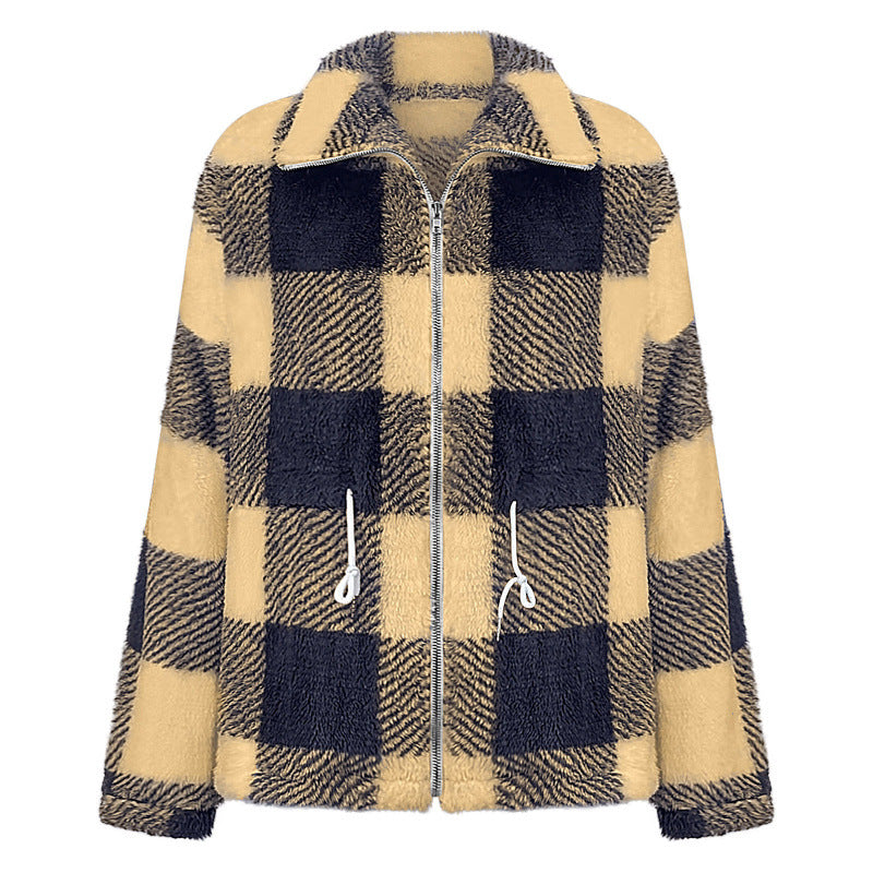 Damen kuschelige Oversize-Jacke mit kariertem Muster EB