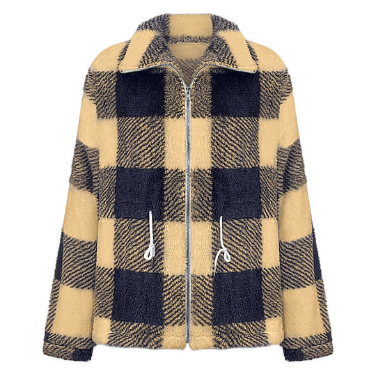 Damen kuschelige Oversize-Jacke mit kariertem Muster EB
