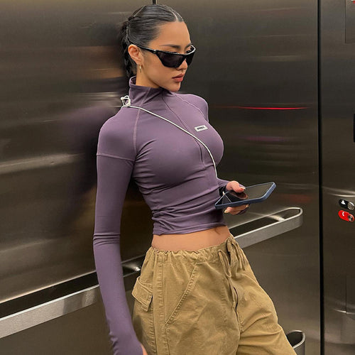 Damen Sportliches Langarm-Top mit Stehkragen und Zipper EB