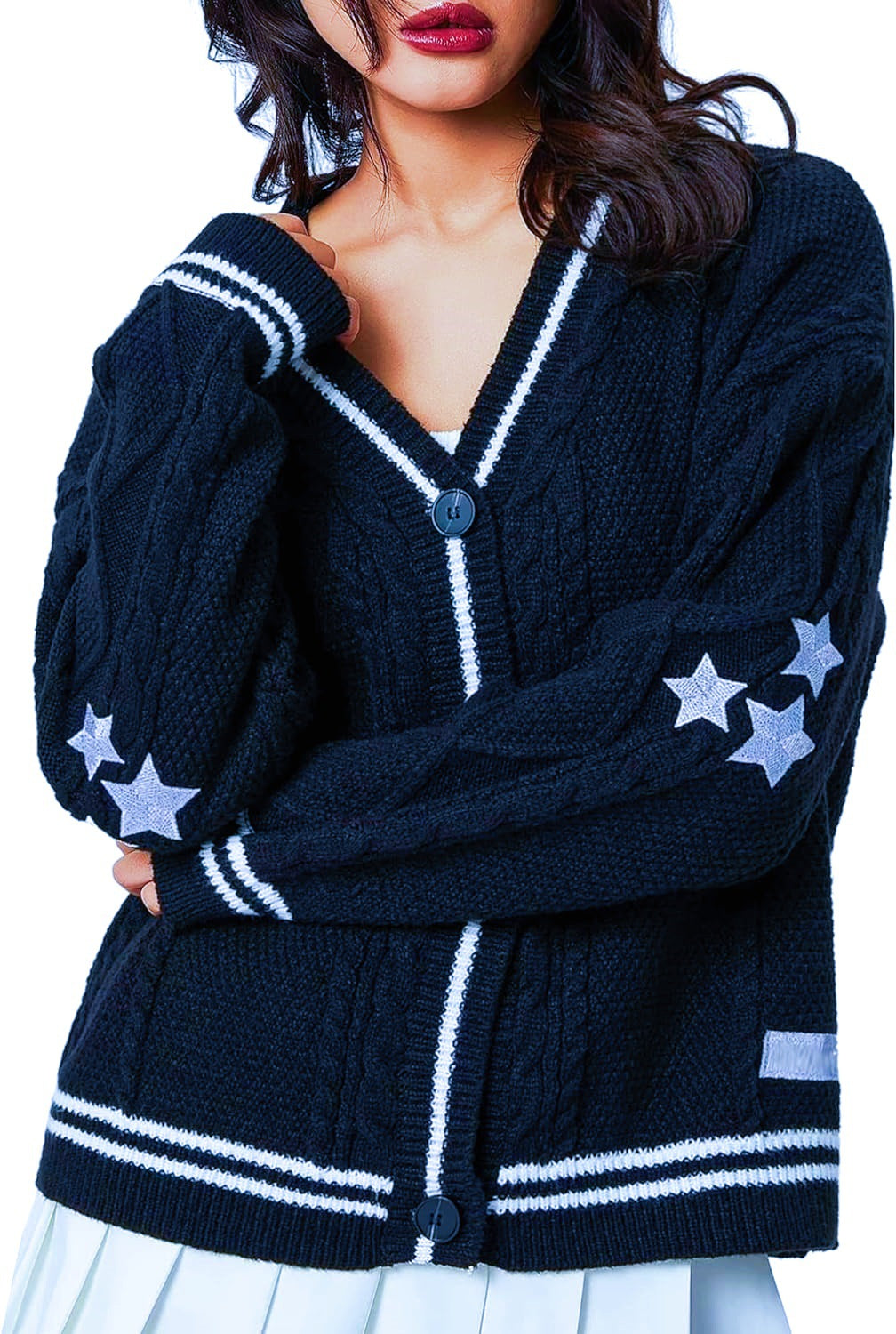 Damen Grob gestrickte Cardigan mit Sternenapplikationen und Knopfverschluss EB