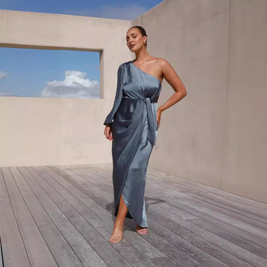 Damen Wickelkleid mit asymmetrischem Design und elegantem Taillengürtel EB