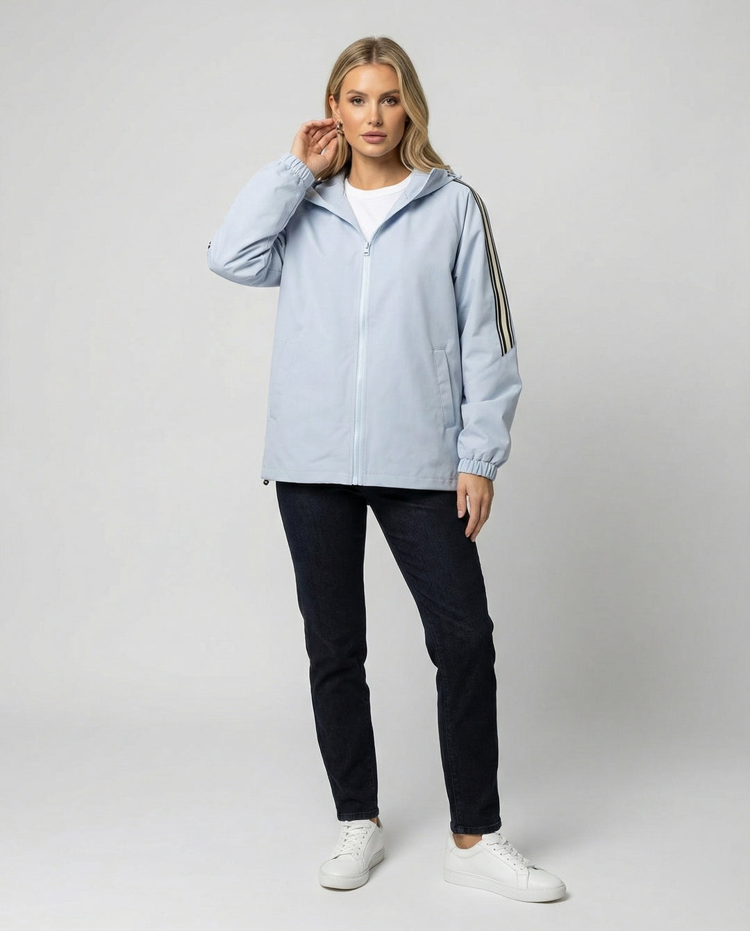 Damen leichte winddichte Kapuzenjacke im Oversize-Sportstil mit Kontraststreifen EB