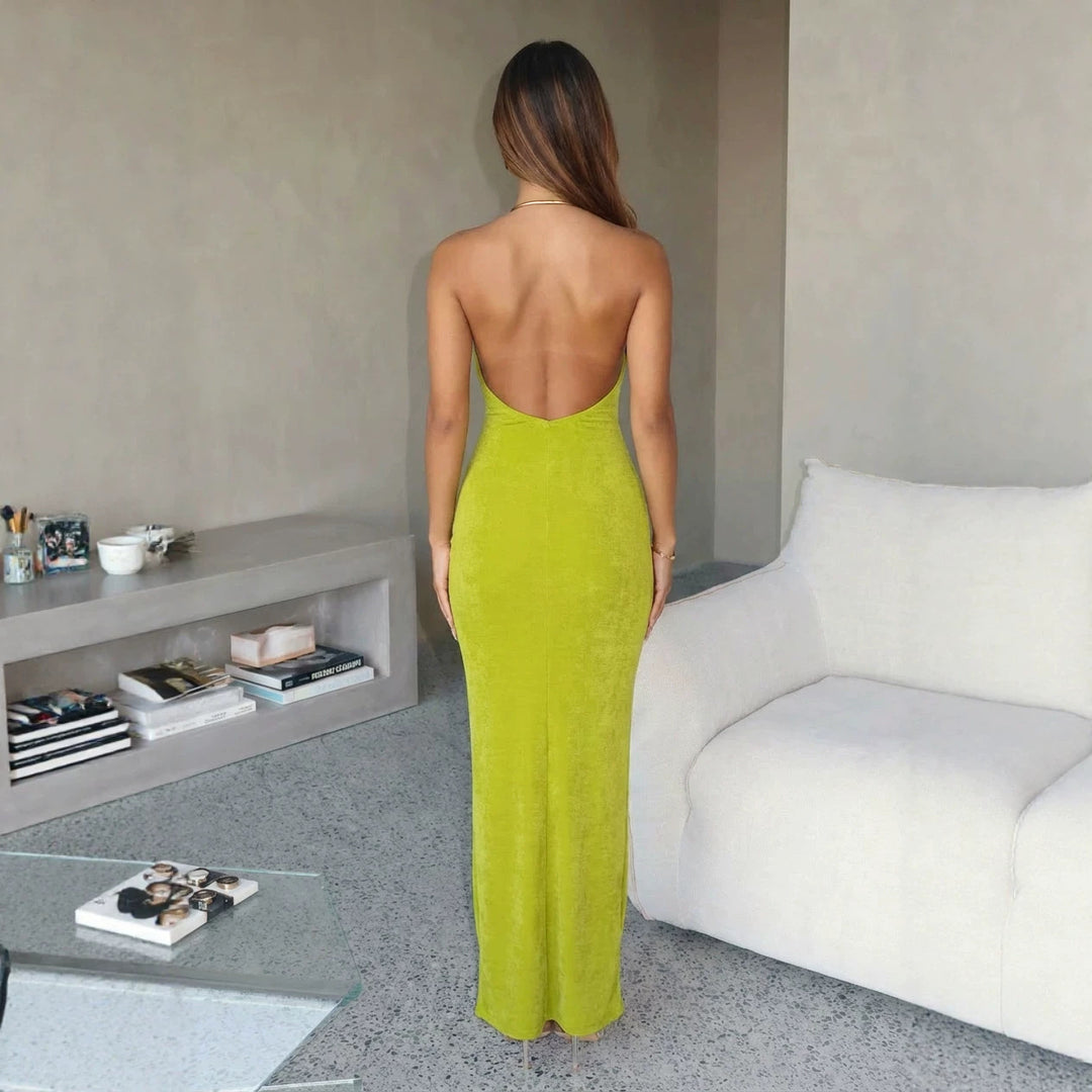 Damen Maxikleid mit hohem V-Ausschnitt und fließendem Stoff EB