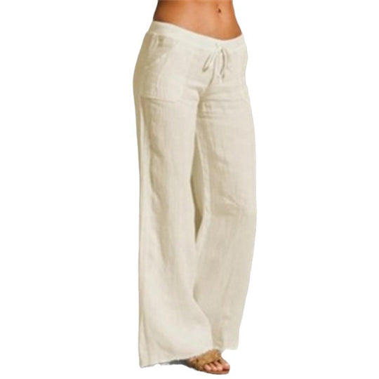 Damen weite Leinenhose mit hochgezogenem Bund und seitlichen Taschen EB