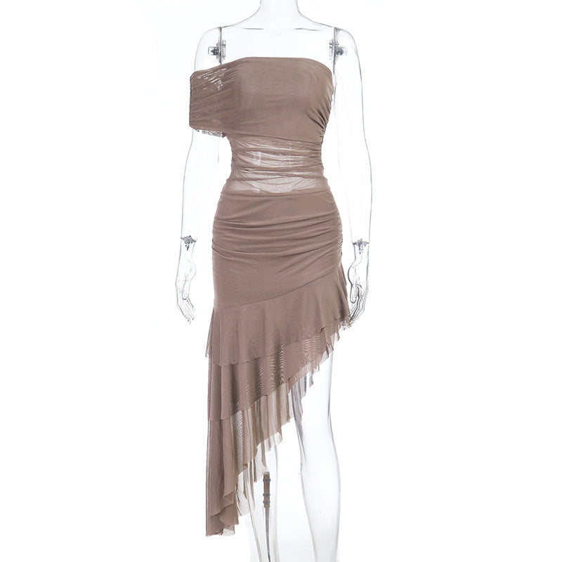 Damen schulterfreies Wickelkleid mit asymmetrischem Saum und Rüschendetails EB
