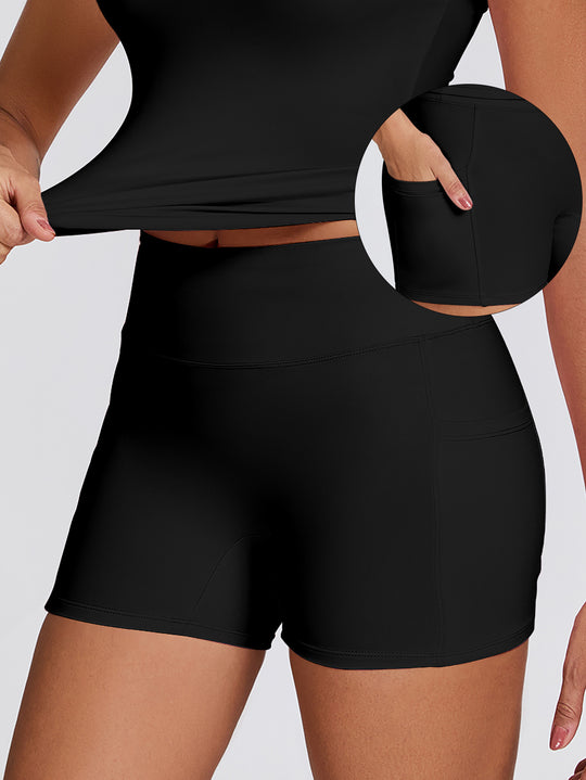 Damen Sportliche Kompressions-Shorts mit praktischen Seitentaschen EB