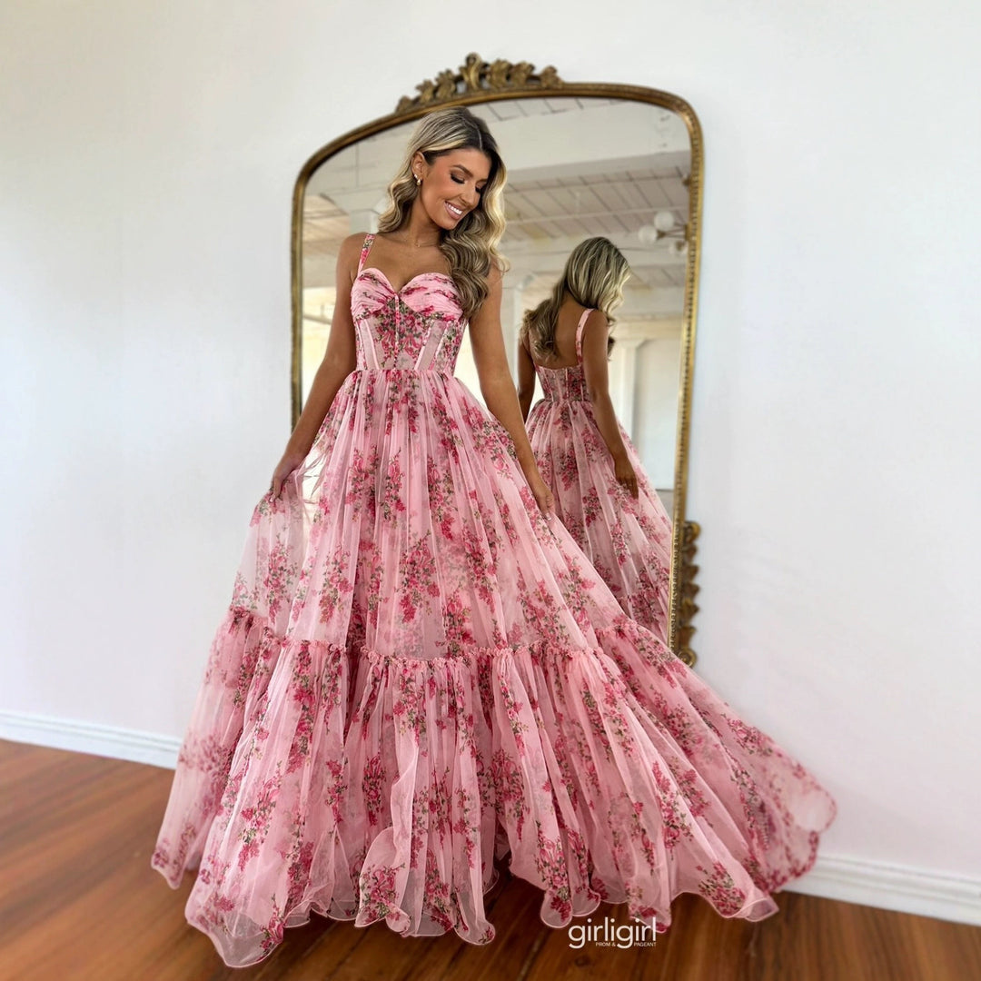 Damen Maxikleid mit floralem Tüll und voluminösem Rock EB