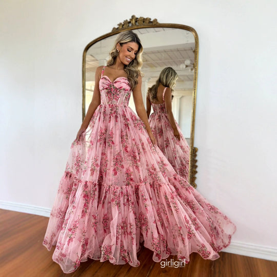 Damen Maxikleid mit floralem Tüll und voluminösem Rock EB