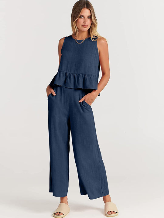 Damen luftiges Zweiteiler-Set mit schickem Peplum-Top und weitem Hose EB