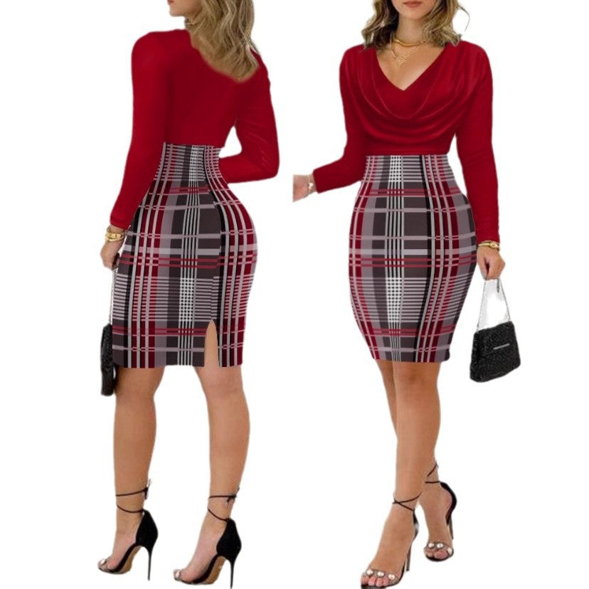 Damen Figurbetontes Kleid mit asymmetrischem Schnitt und Karomuster EB
