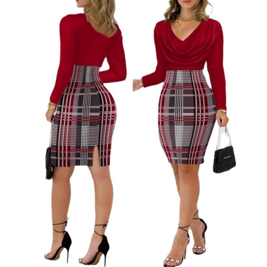 Damen Figurbetontes Kleid mit asymmetrischem Schnitt und Karomuster EB