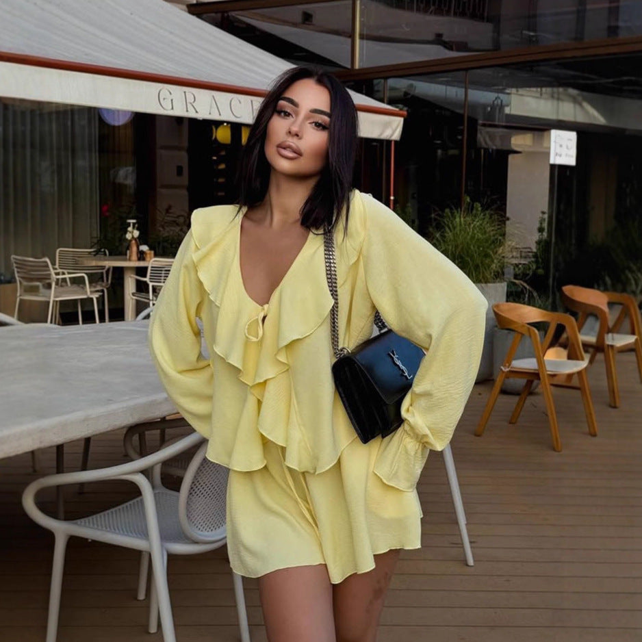Damen verspieltes Sommerkleid mit Rüschen und tiefem V-Ausschnitt EB