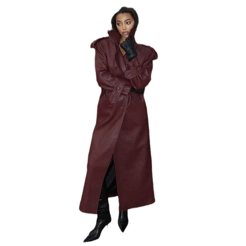 Damen Oversized Kunstleder-Trenchcoat mit hohem Kragen und abnehmbaren Gürtel EB
