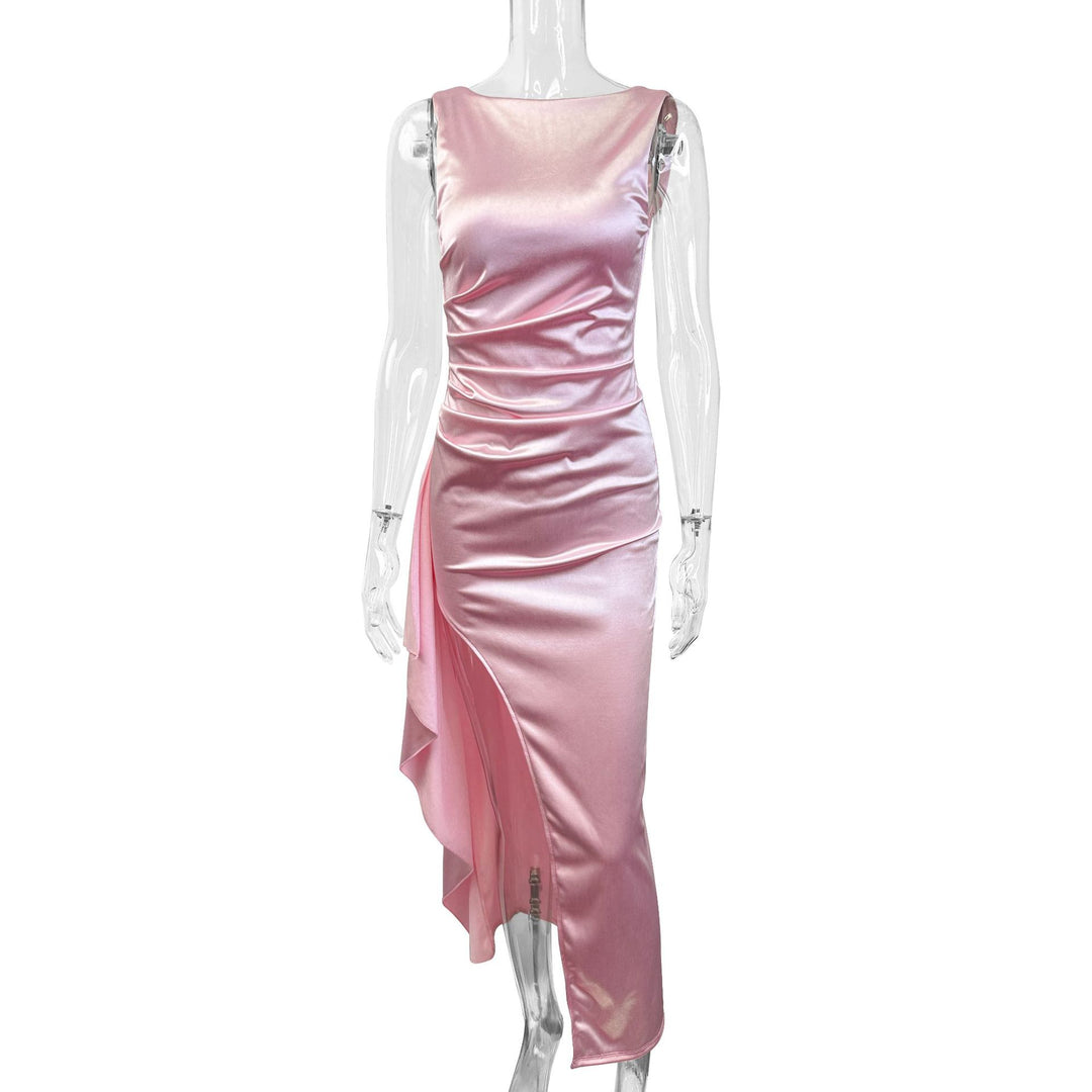 Damen Elegantes Satin Abendkleid mit asymmetrischem Saum und seitlichem Schlitz EB