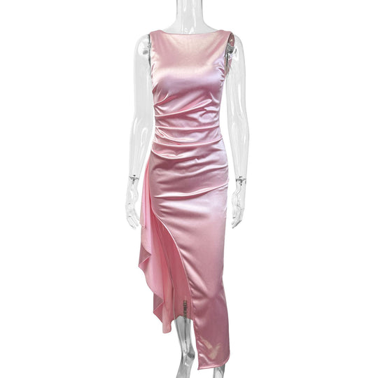Damen Elegantes Satin Abendkleid mit asymmetrischem Saum und seitlichem Schlitz EB