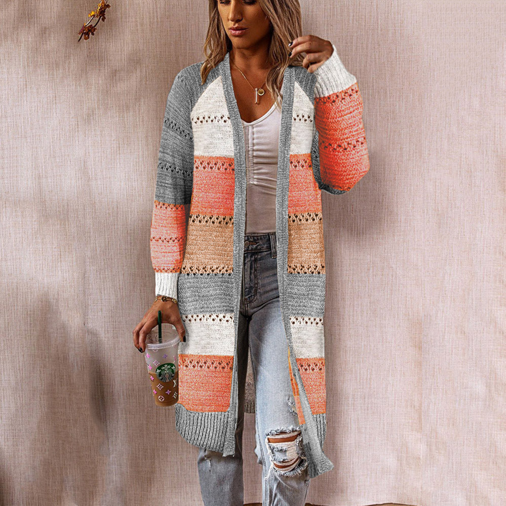 Damen Langstrickjacke mit modernem Streifenmuster und offenen Front EB