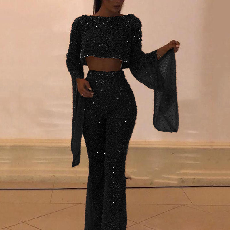 Damen Glitzerndes Zweiteiliges Set mit weitem Bein und langen Ärmeln EB