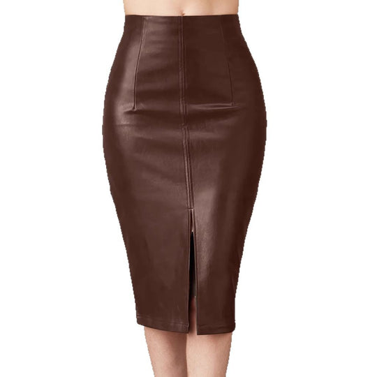 Damen Figurbetonter Kunstlederrock mit hoher Taille und Schlitz EB