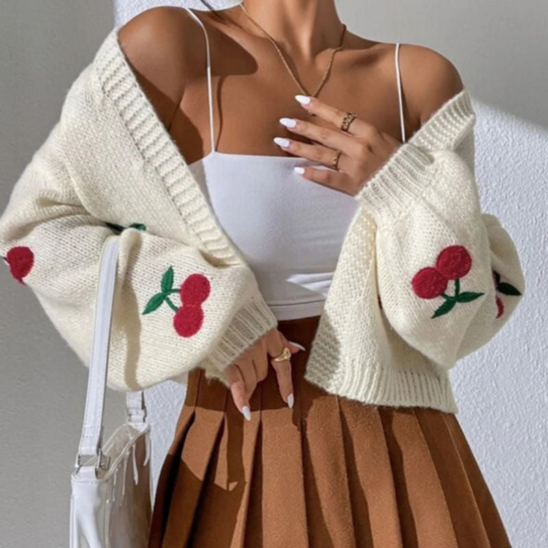 Damen Strickjacke mit floralem Kirschmotiv EB