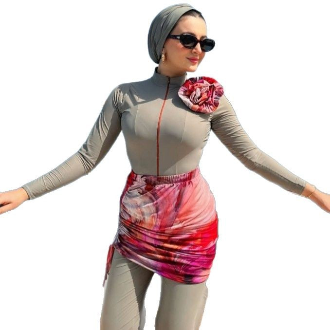 Damen Modischer UV-Schutz-Badeanzug mit Wickelrock und langem Arm EB