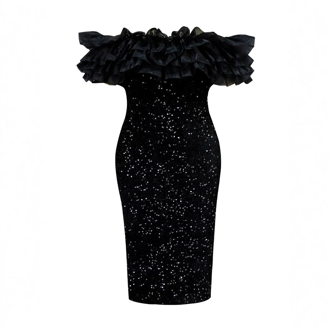 Damen Elegantes Abendkleid mit voluminösen Rüschen und funkelnden Pailletten EB