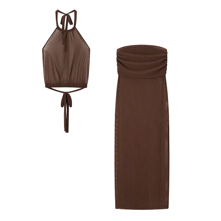 Damen Set aus eleganter Crop-Top und figurbetontem Rock mit Raffungen EB
