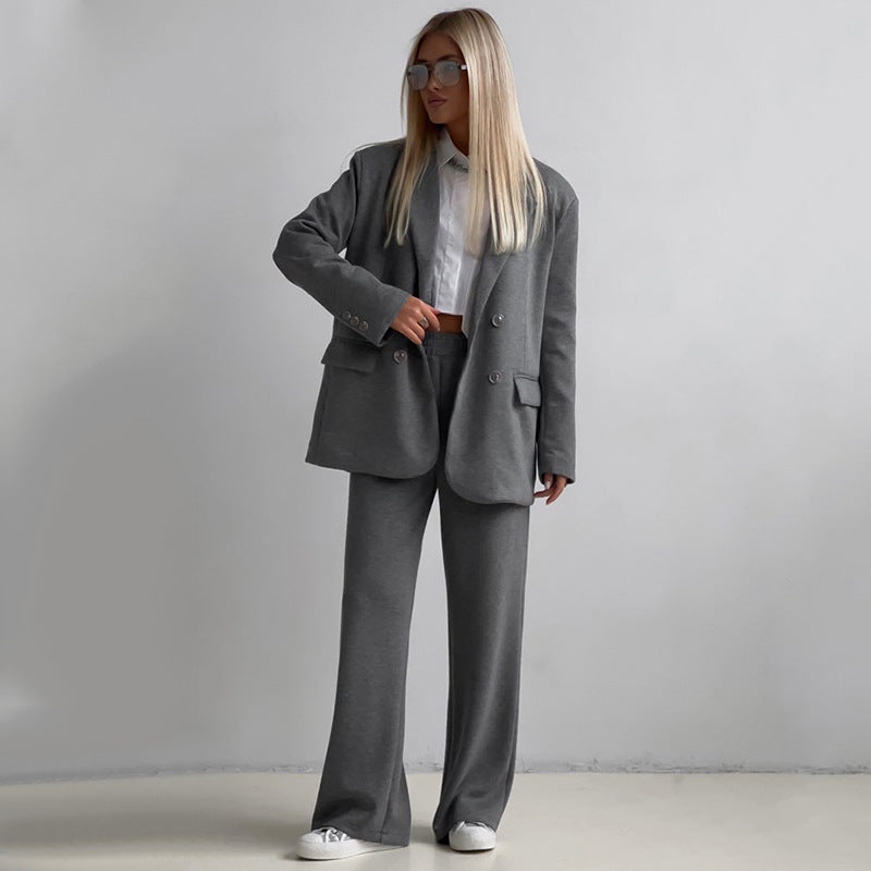 Damen elegantes und lässiges Anzugset mit doppelter Knopfleiste und weitem Bein EB