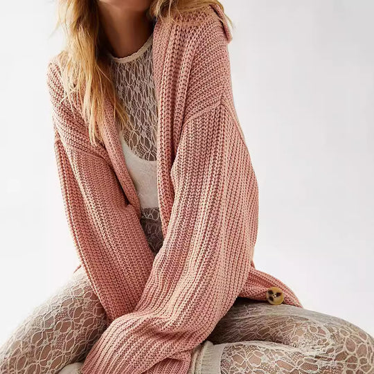 Damen Grobe Strickjacke mit offener Front und lässigem Look EB
