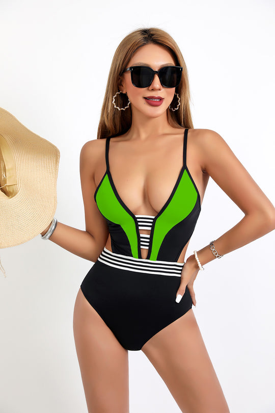 Damen Sportlicher Einteiler Badeanzug mit tiefem V-Ausschnitt und seitlichen Cut-Outs EB