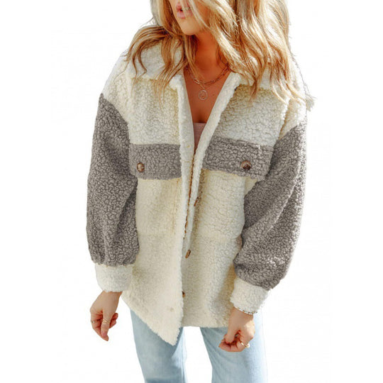 Damen Kuschelige Teddyjacke mit Kontrast-Ärmeln EB