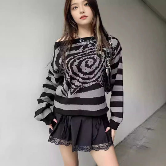 Damen Modischer Oversized-Pullover mit kreativem Spiral-Design und gestreiftem Muster EB