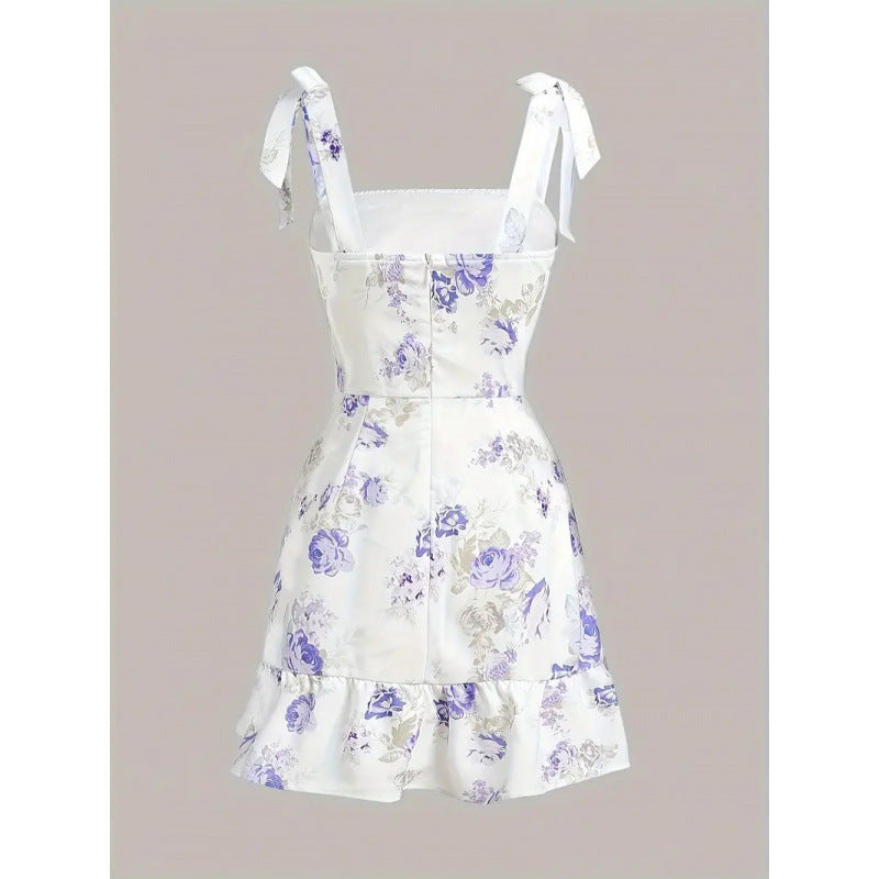 Damen Spaghettiträger Mini-Kleid mit floralem Design und Rüschensaum EB