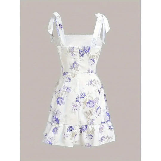 Damen Spaghettiträger Mini-Kleid mit floralem Design und Rüschensaum EB