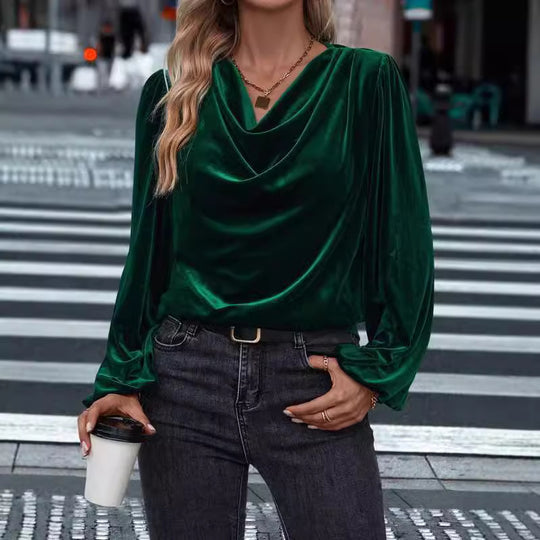 Damen elegante Bluse aus samtigem Material mit Drapé-Ausschnitt EB