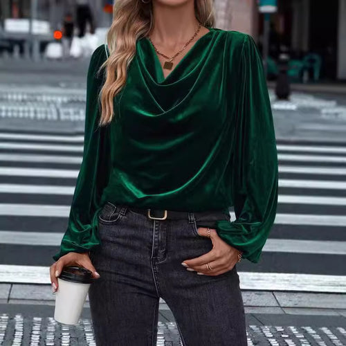 Damen elegante Bluse aus samtigem Material mit Drapé-Ausschnitt EB