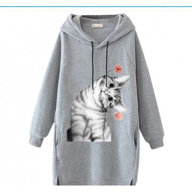 Damen Oversize Kapuzenkleid aus Sweat mit großem Katzenprint und Seitentaschen EB