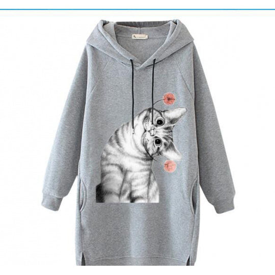 Damen Oversize Kapuzenkleid aus Sweat mit großem Katzenprint und Seitentaschen EB
